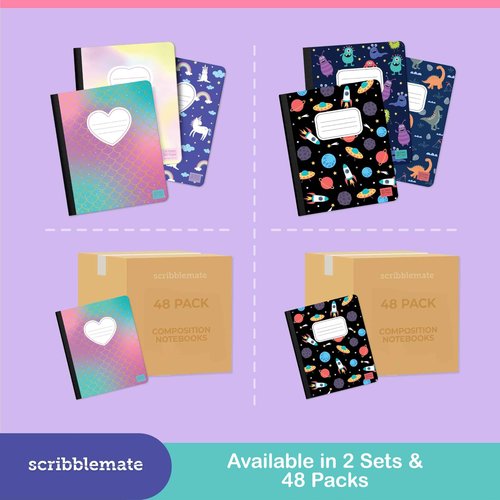 ScribbleMate Cute Composition Notebook Wide Ruled, Composition Notebpooks for Kids, Wide Ruled Composition Notebook for Boys and Girls. 100 Sheets 200 Pages 9.75” x 7.5” (12 Pack)