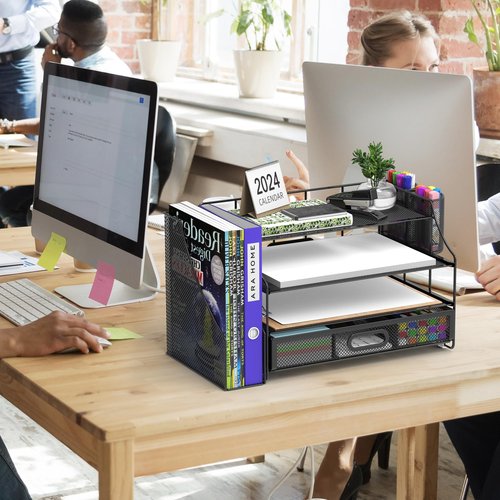 Turfson Desk Organizer with Drawer, Office Desktop File Paper Holder Organization 4-Tier Office Supplies Storage For Document Magazine 2 Pen Pencil Holder Caddy Rack For School Workspace