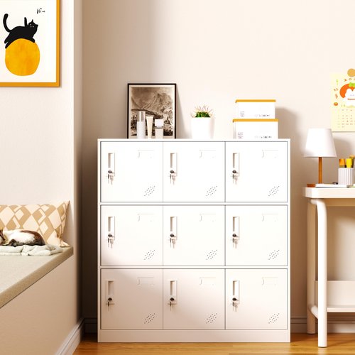 WISUNO 9 Doors Metal Lockers for Employees, Steel Storage Locker with Lock and Card Slot,Lockable Office Metal Storage for School Office Gym Bedroom,Garage (White)