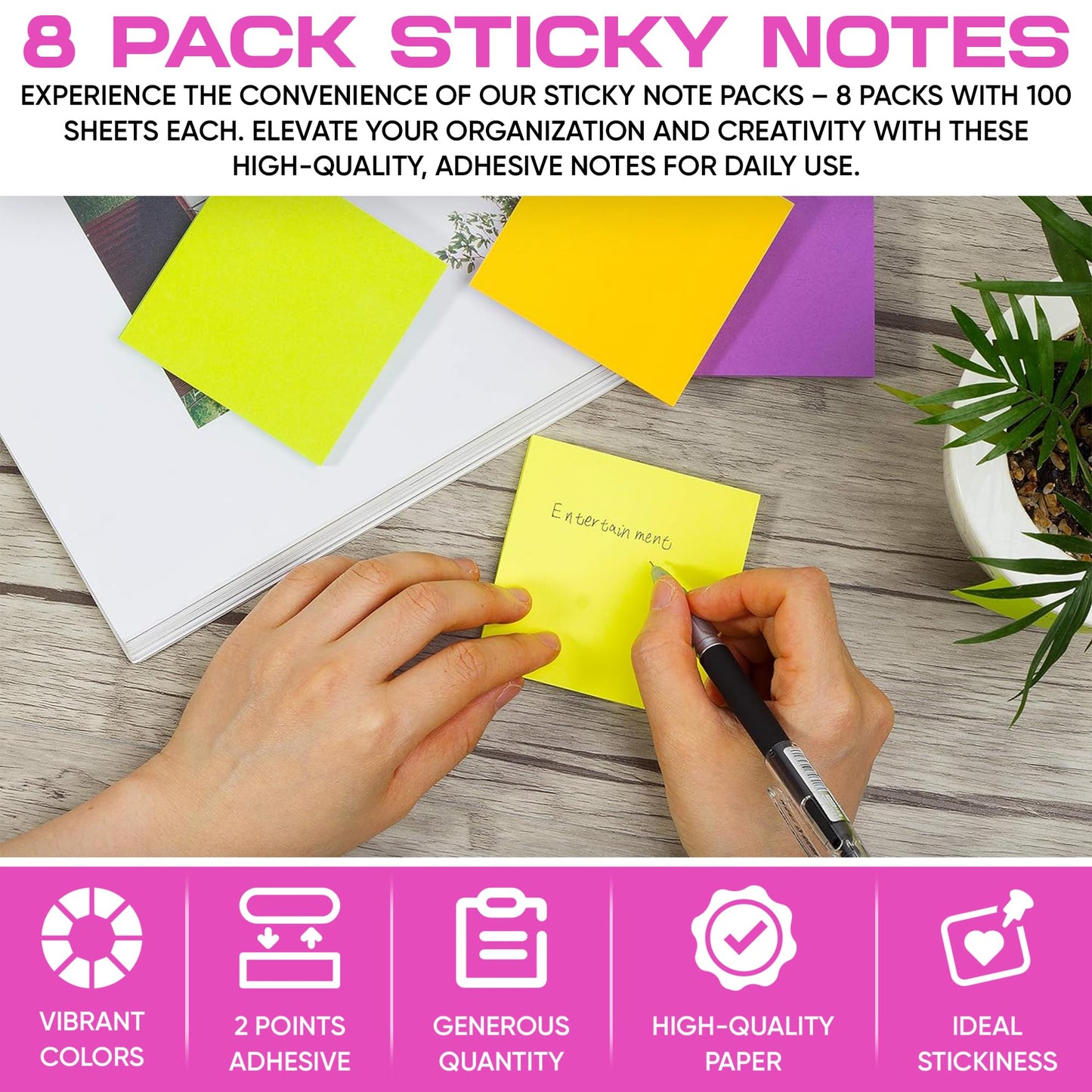 BRAINVI -Sticky -Notes -3x3 Inches - Double Adhesive Strips for Extra Hold, Bright & Colorful Pads, Perfect for -Teachers, Home & Office, 8 -Pads, 100 Sheets/Pad (8 Colors)