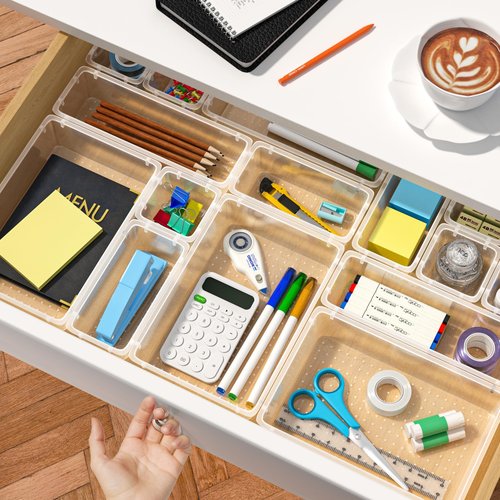 SpaceTrove 45 PCS Clear Plastic Drawer Organizers Set, 4-Size Versatile Bathroom and Vanity Drawer Organizer Trays, Storage Bins for Makeup, Bedroom, Kitchen Gadgets Utensils and Office