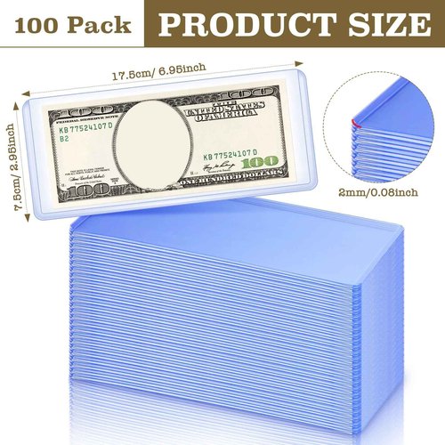 Yexiya 300 Pcs Dollar Bill Holders PVC Currency Holder Transparent Bill Sleeves Protector Case Supplies, 6.9 x 2.95 Inch (Blue)