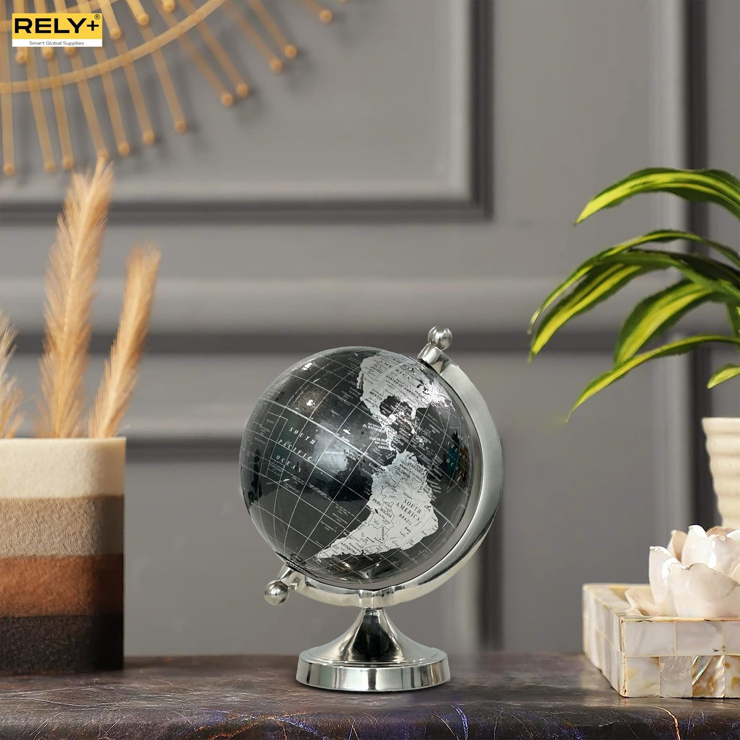 Rely+ 5" Black Globe of The World with Silver Stand (NOT PLASTIC!) For Bookcase Decorative Home Desk Table Office Decor Book Shelf Decor Globe 5 Inch
