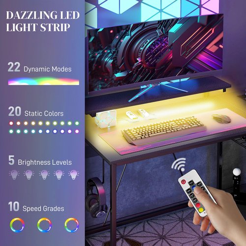 Zentrava 42" L Shaped Computer Desk, Corner Gamer Table with LED Lights, USB Charging Ports, Power Outlet, Reversible L Shaped Computer Desk with Storage Shelves and Monitor Stand (Black)