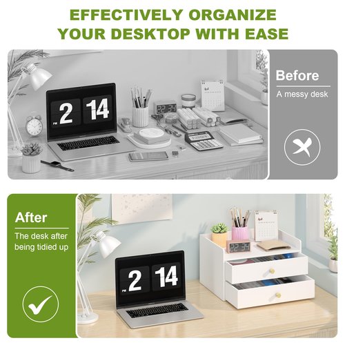 Xadgve Bamboo Desk Organizer - Stackable, No Assembly Required, Ideal for Office/Home Use - Perfect for Toiletries, Stationery, Accessories. (White, Two level drawer box with sides)