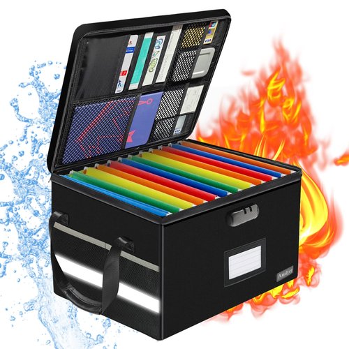 File Box with Lock, Fireproof Document Box with 10 Tab&Inserts, Collapsible File Organizer Filing Cabinet Box, Fire Proof Safe File Cabinets for Home Office Hanging Letter/Legal Folder