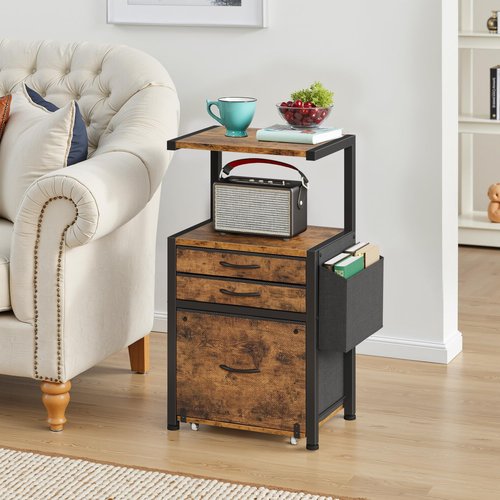 HIGDBFE 3-Drawer File Cabinet, Filing Cabinet with 2-Tier Printer Shelves, Office Cabinets with Side Bag&File Drawer for A4/Letter Size, Printer Stand with Storage for Home Office, Rustic Brown