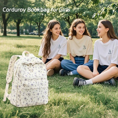 School Backpack for Teens Large Corduroy Bookbag Lightweight Girls Boys Casual High School College 17 inch Laptop Travel Bag (Grace Purple Flower)