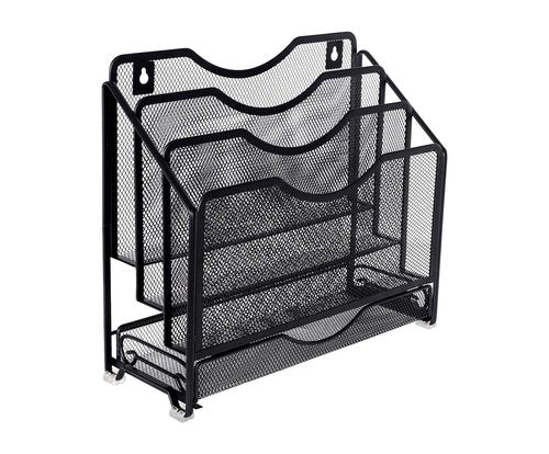 EasyPAG Mesh Desk Paper Organizer Wall Hanging File Holder with 3 Upright File Organizer and Sliding Drawer,Black