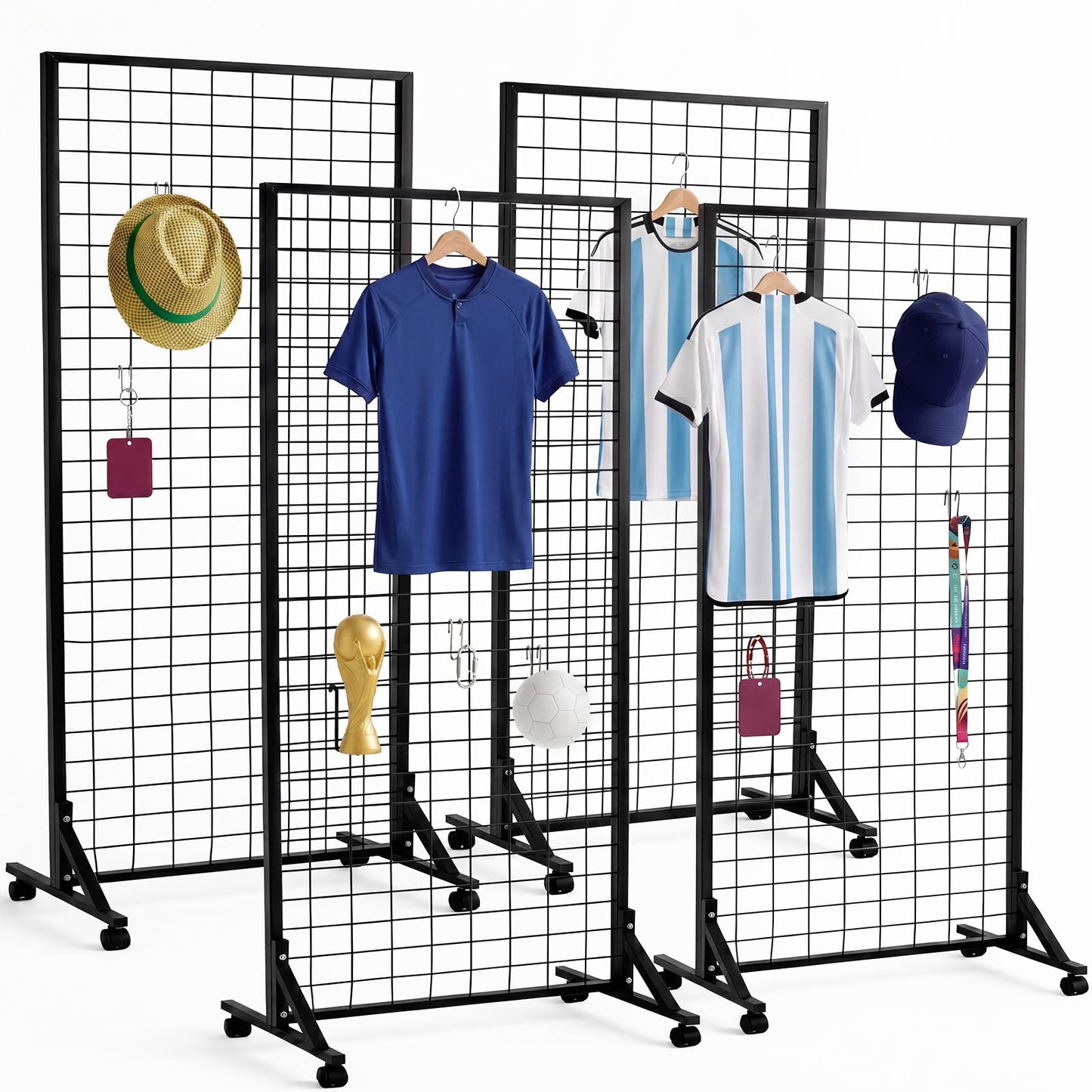 Blulu 4 Pcs 2' x 6' Grid Wall Display Stand with T-Base, 2026 Freestanding Grid Tower for Vendor Events & Craft Shows, Sports Jersey & T-Shirt Display Rack for Game Day Fan Shop (Black)