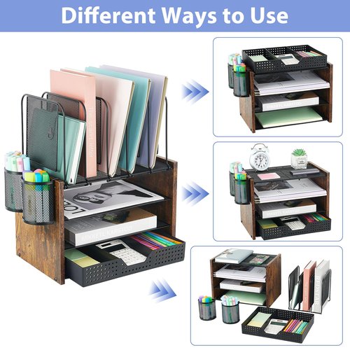 AUPSEN Desk Organizer and Accessories, Wood Desk Organizer with 5 Upright Sections and Drawer, Office Organization and Storage with Vertical File Holders, Office Desk Accessories