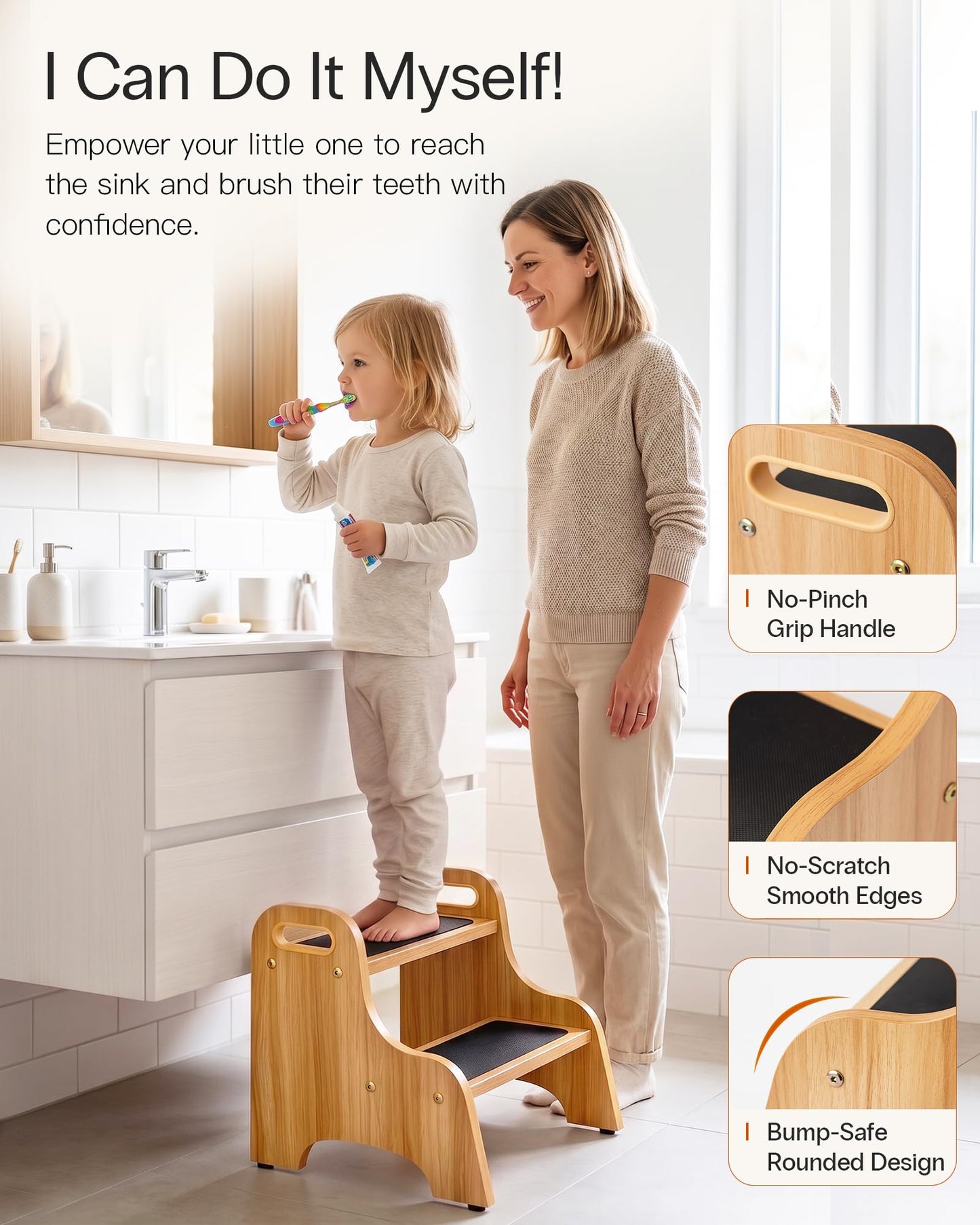 StrongTek Wooden 2 Step Stool, Non-Slip Surface with Handles, 350 lb Capacity, Compact Step Stools for Bathroom, Kitchen, Bedroom and Home Use (Natural)
