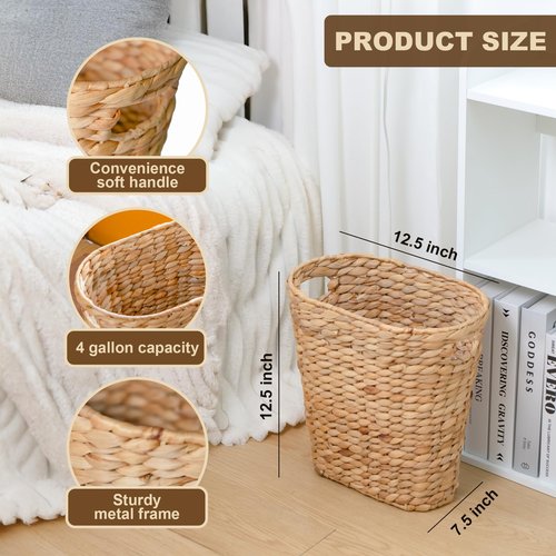 KOKODO Oval Water Hyacinth Waste Basket – Handwoven Wicker Trash Can with Handles & Metal Frame, BOHO Decorative Garbage Bin for Bathroom, Bedroom, Home Office (1-Pack)