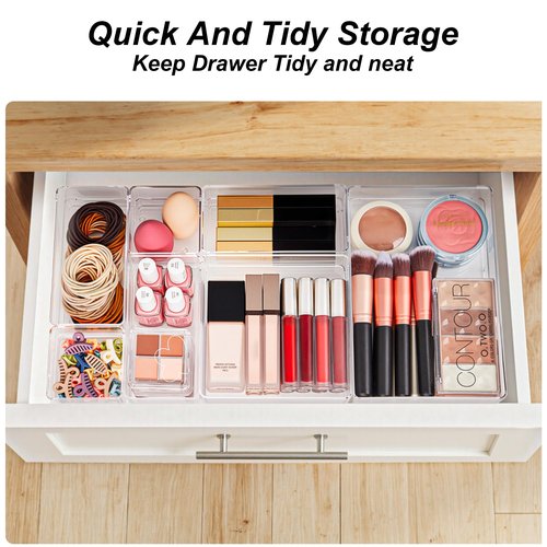SMARTAKE 7-Piece Drawer Organizer with Non-Slip Silicone Pads, 4-Size Desk Drawer Organizer Trays Storage Tray for Makeup, Jewelries, Utensils in Bedroom Dresser, Office and Kitchen (Clear)
