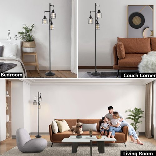 9MMML Floor Lamp for Living Room, Farmhouse Industrial Dimmable Floor lamp,3 Lights Metal Cage Tree Standing Lamp,68", 3Pcs Led Bulbs Included