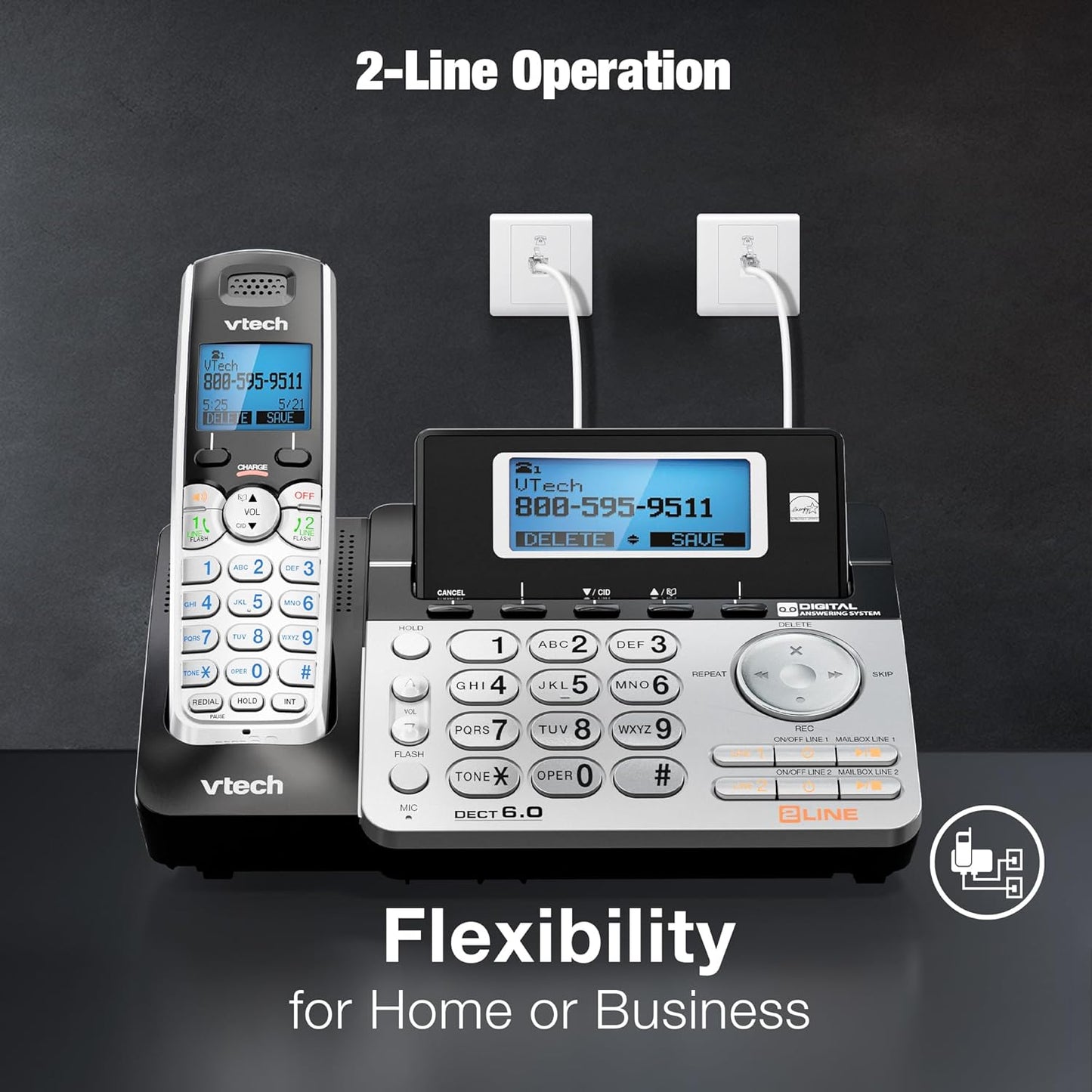 VTech 2-Line Cordless Phone - Home & Business Use with Answering System | Caller ID, Intercom, Hearing Aid Compatible (Black/Silver)