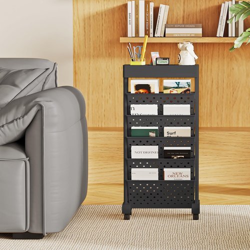 YEMUNY 6 Tier Rolling Utility Cart Multi-Functional Movable Storage Book Shelves with Lockable Casters for Study Office Classroom, Black