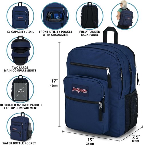 JanSport NCAA Connecticut Huskies Backpack - Big Student Bag with Padded 15-Inch Laptop Sleeve & Bottle Pocket | Navy