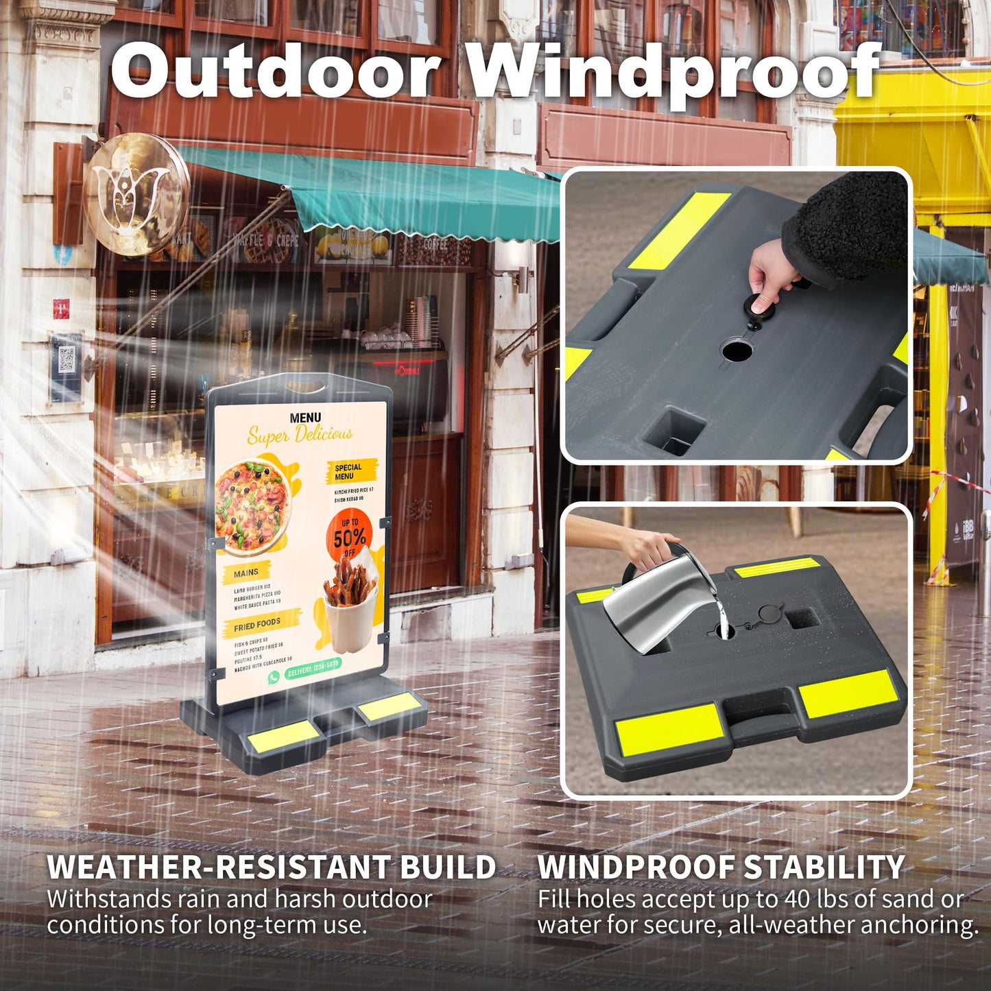 AMBUND 24"x36" Sidewalk Sign Stand, Double-Sided Heavy Duty Outdoor Signboard with Sand Fill Holes, Portable Folding Poster Business Sign for Outside Sidewalk Street Advertising, Weather Resistant