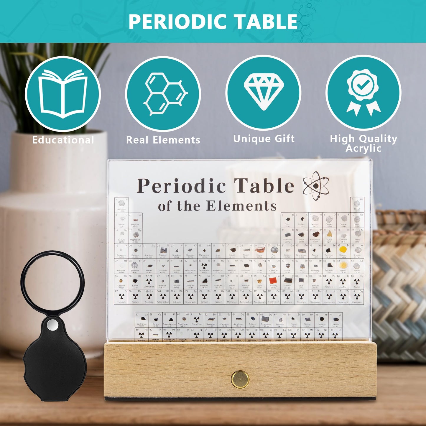 MegaBox Large Periodic Table Of Elements with 83 Real Elements, Acrylic Periodic Table Display With Wooden Stand, 6x Chemistry Formula Reference Cards, Science Teacher Gift Classroom (Large (8.0 x 6.5 in))