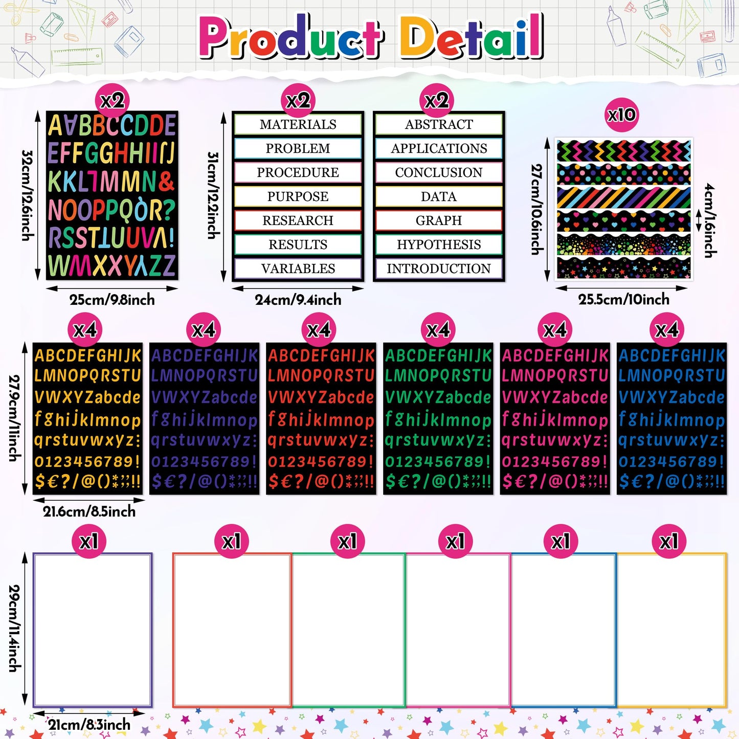WATINC Science Fair Board Supplies, 96Pcs Self Adhesive Science Fair Project Set with 8 Letter Sticker 10 Presentation Subtitles, Bulletin Border Poster Decor for Classroom (Black)