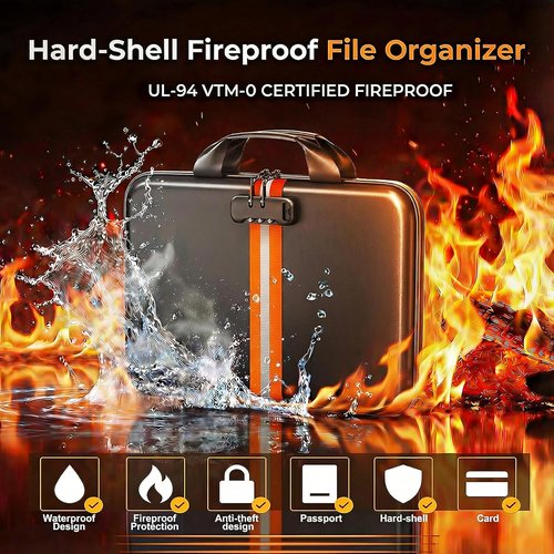 Fireproof Accordion File Organizer - Hard-Shell Document Box with 13 Pockets for Safe Storage