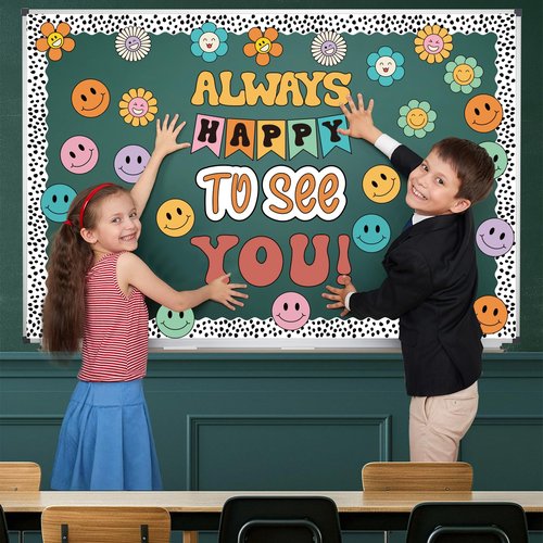 VABAMNA 63 Pcs Groovy Bulletin Board Decorations Set Retro Smiley Face Classroom Decor with Black Dots Border Trims for Back to School Classroom Wall Door Decor