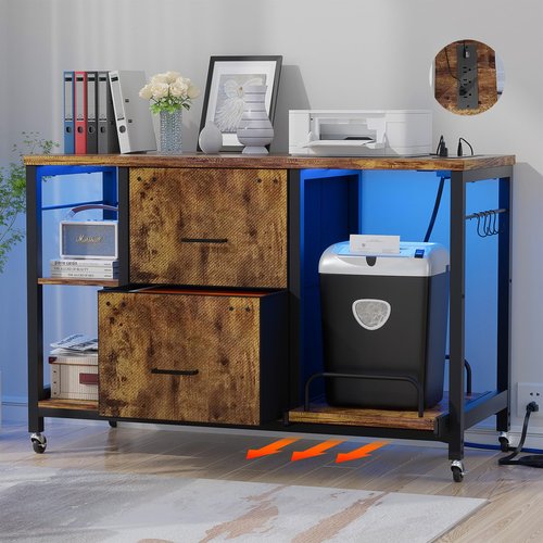 Hyomdeck 2 Drawer Lateral File Cabinet with Shredder Stand, Rolling Office Filing Cabinets with Outlet and LED Light, Printer Table with Storage, Home Office Cabinet for Letter Legal Size, Rustic