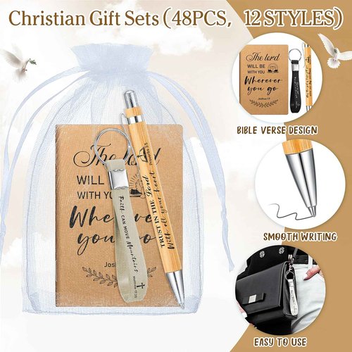 Spakon 192 Pcs/48 Set Christian Gifts Bulk for Women Men Pastor Appreciation Gifts Bible Verse Pens Religious Notebook Christian Keychain for Sunday School Teacher Church(Simple Style,5.4 Inch)