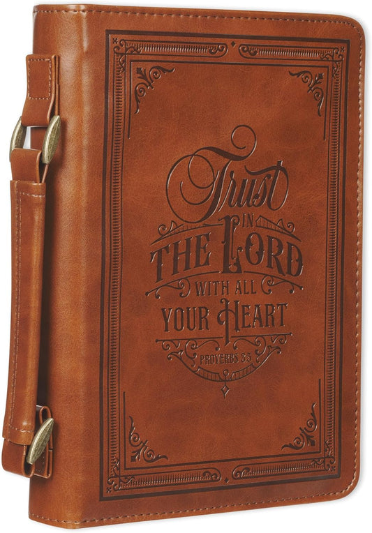 Christian Art Gifts Vegan Leather Bible Cover - Inspirational Trust in the Lord Verse, Medium Brown, Easy Carry Design