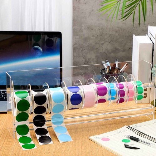 Qilery Adjustable Label Dispenser Acrylic Roll Sticker Dispenser Sticker Holder Organizer Label Stand for Holding Office and Home(12 Disks)
