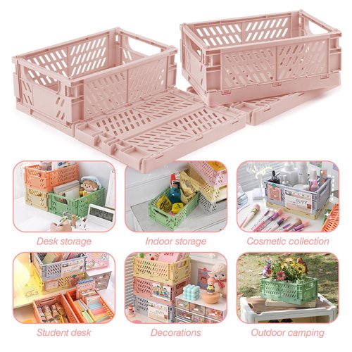 HOYA PONYOO 4 Pcs Collapsible Storage Crates, 10x5.9x4 inches Space-Saving Folding Containers, Stackable Plastic Boxes for Home Kitchen Office Bedroom Bathroom, Pink