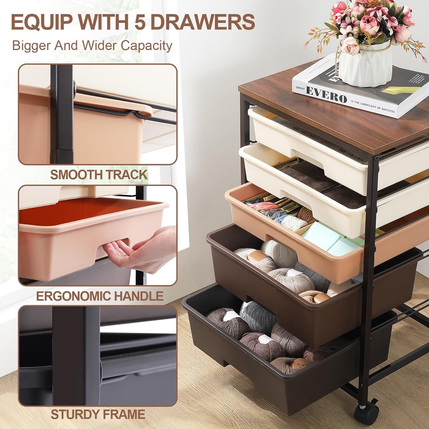 SYKIARIOL Utility Cart - 5-Tier Rolling Storage Cart with Lockable Wheels & Wooden Tabletop - Dark Brown