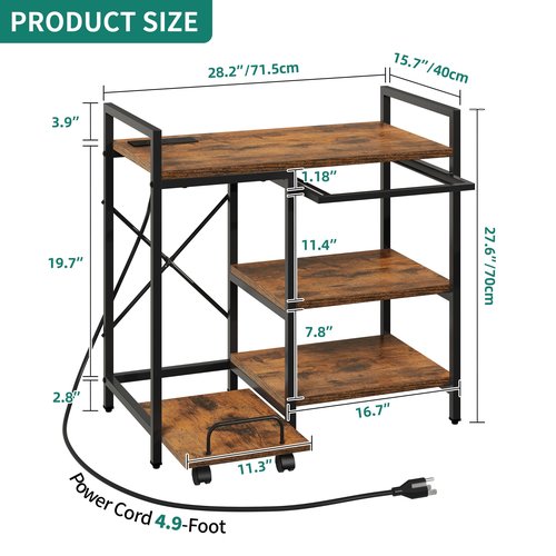 YITAHOME Printer Stand with Storage, 3 Tier Office Printer Desk Stand, Printer Stand for Home Office, File Cabinet with Charging Station, Brown