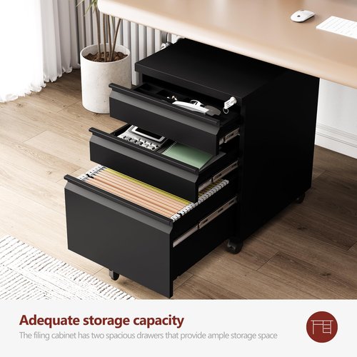 RAVIGIN 3 Drawer File Cabinet，Mobile Filing Cabinet with Lock and Wheels，Un-Assembled Metal Under Desk File Cabinets for A4/Letter/Legal Size（Black