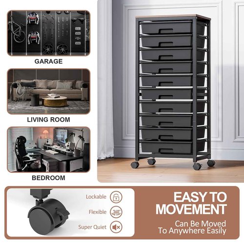 SYKIARIOL Rolling Cart with Drawers,10 Drawer Rolling Cart,Storage Cart,Utility Cart,Teacher Cart for Classroom Storage,Craft Cart with Wheels and Wooden Tabletop,Black