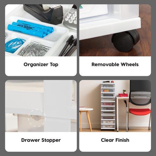 IRIS USA Plastic Drawer Storage Organizer Rolling Cart, with Wheels Casters, 10-Drawers, for Classroom Art Craft Supplies Dresser Closet Bathroom Laundry Room, White/Clear