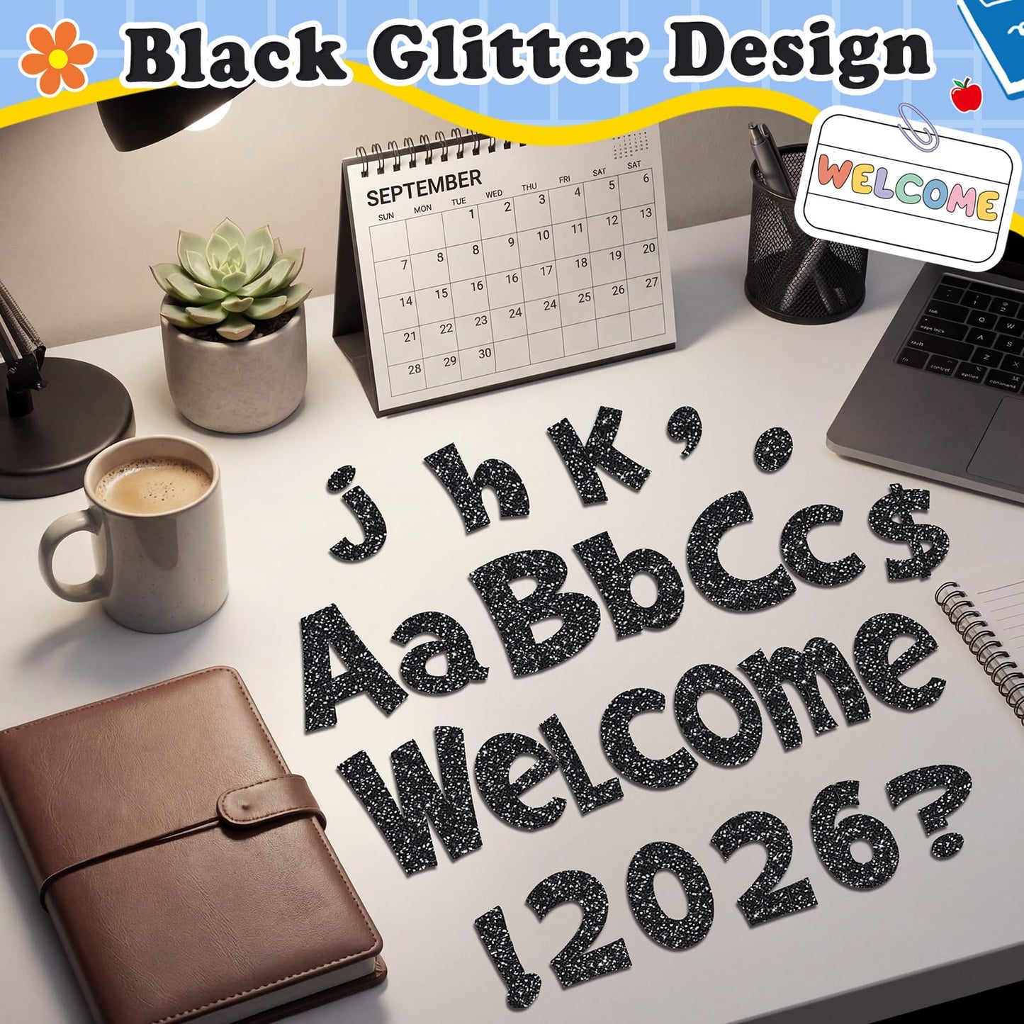 Colarr 144 Pcs Glitter Bulletin Board Letters for Classroom Number Alphabet Punctuation Symbol Cutout 4'' Die-Cut Poster Letter with Adhesive Dot School Party Holiday Decor Display(Black)