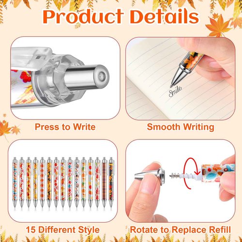 Resurhang 150 Pcs Thanksgiving Ballpoint Pens Bulk Fall Themed Pen 0.5 mm Autumn Maple Leaf Pumpkin Harvest Style Retractable Black Ink Pens Thanksgiving Party Favor Pen for Kid School Office Supplies