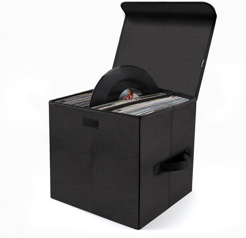 Vinyl Record Storage Box for 12inch LPs,Holds up to 80 Albums,Collapsible Storage Crate with Lid&Handles for Valuable Album Collection (black, 13inch)