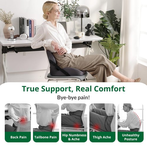 FuturaLoom One-Piece Memory Foam Seat & Back Cushion - Lumbar Support, Adjustable Strap, Non-Slip Bottom - Breathable Removable Cover for Office Chair, Car, Truck (Grey)
