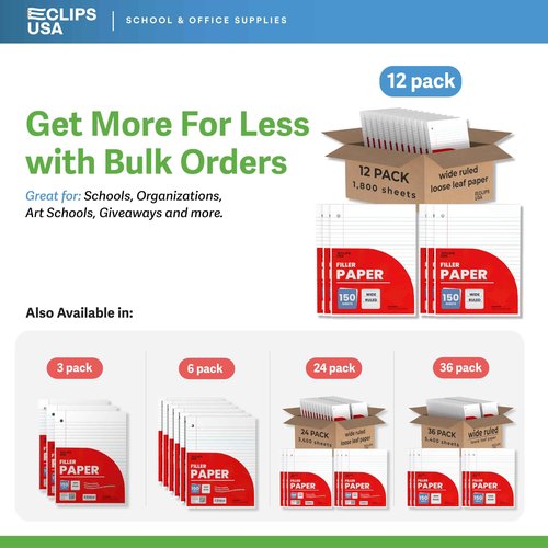 Notebook Paper Loose Leaf Wide Ruled Notebook 10.5” x 8” Filler Paper 56 gsm 1800 Sheets 150 Per Pack (12 Pack)