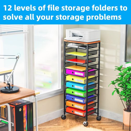 Simple Trending 12 Tier Rolling File Cart,Wood Desk File Organizer with Sliding Trays and Wetal Mesh Paper Letter Storage Multi-Functional Rolling Clutter Cart for Office, Home, School, Black
