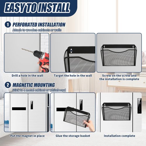 bigjvbfv Magnetic File Holder, No Drilling Wall File Organizer, Large Capacity Paper Holder Multifunctional Mail Organizer for Refrigerator, Office, Classroom, Hanging Paper Folder Holder, Black