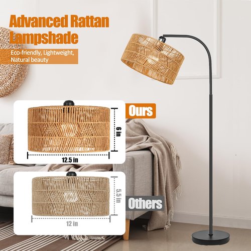 Brilvibera Rattan Floor Lamp- Boho Floor Lamp for Living Room, Rattan Standing Lamps with Dimmable Bulb, Adjustable Rattan Lamp Shades Bohemian Over Couch Lamps for Bedroom, Office