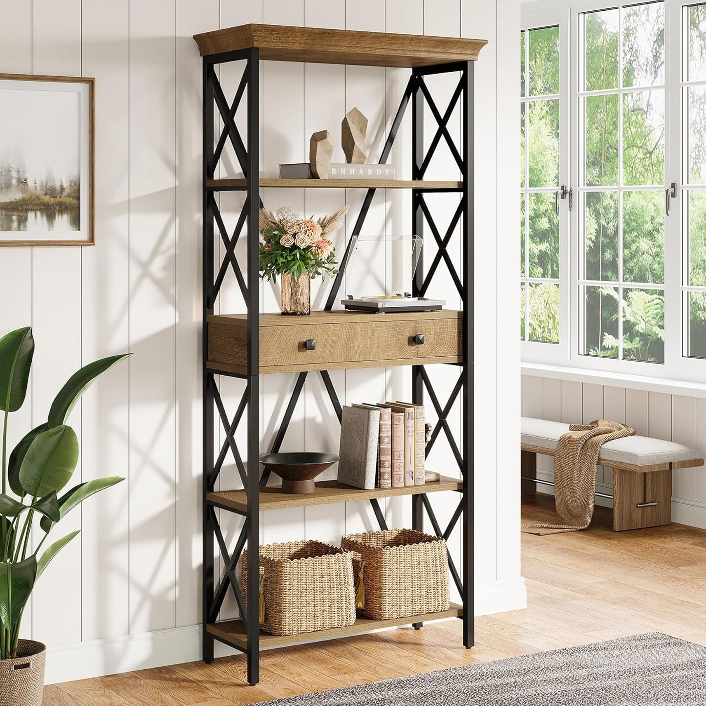Tribesigns Industrial Bookshelf - 70.9" Tall Bookcase with Drawers & Open Shelves | Rustic Brown Finish