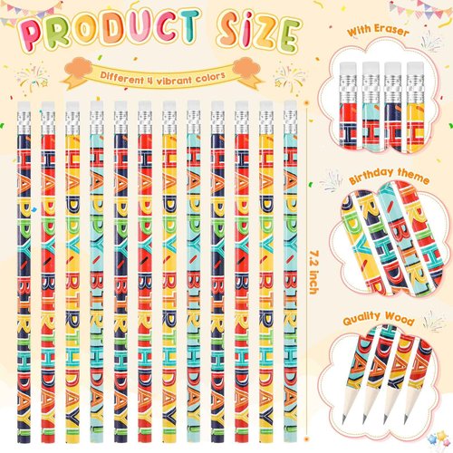 Kosiz 600 Pcs Happy Birthday Pencils Colorful Printed Birthday Pencils with Top Erasers Perfect For Teachers Class Reward Party Kids Gifts Supplies
