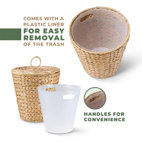 84ECO 3 Gallon Wicker Trash Can with Lid and Liner - Rattan Trash Can - Wicker Waste Basket for Bathroom, Bedroom, Kitchen, Living Room