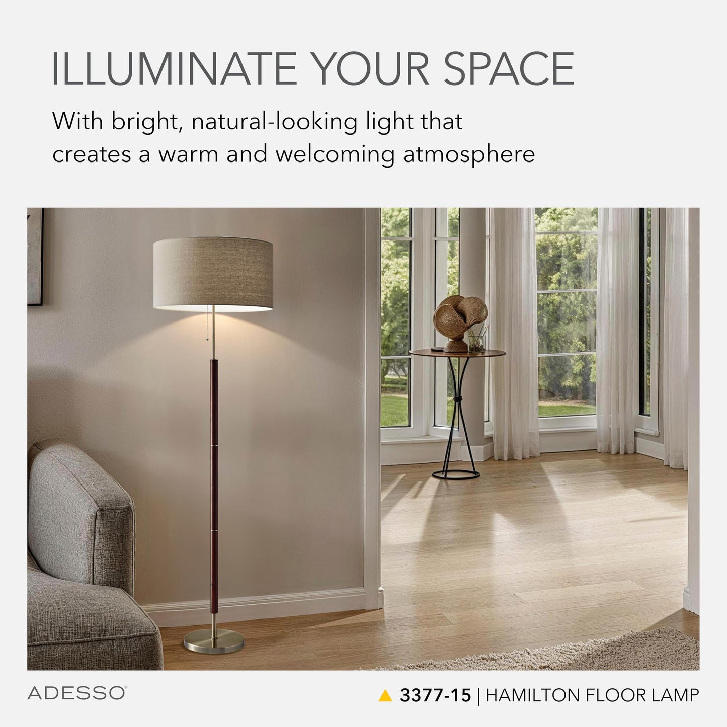 Adesso Floor Lamp with Natural Oak Veneer and Off-White Fabric Lampshade – 3-Way Adjustable Brightness, Lamp for Bedroom, Living Room, and House Décor, 60.25” x 21”