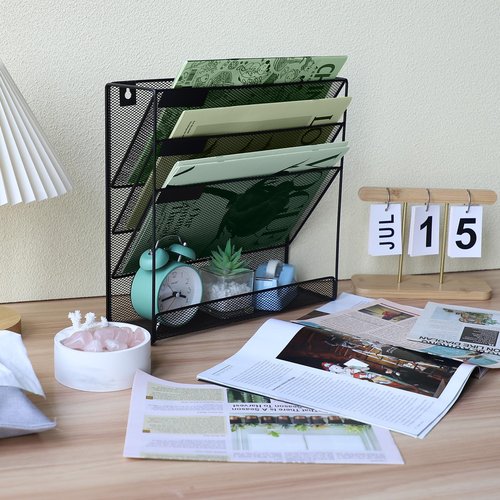 ideallife 3 Pockets Mesh Wall File Holder Organizer with Bottom Flat Tray, Office Hanging File Folder Magazine Rack, Nametag Label Hooks Set Included, Black